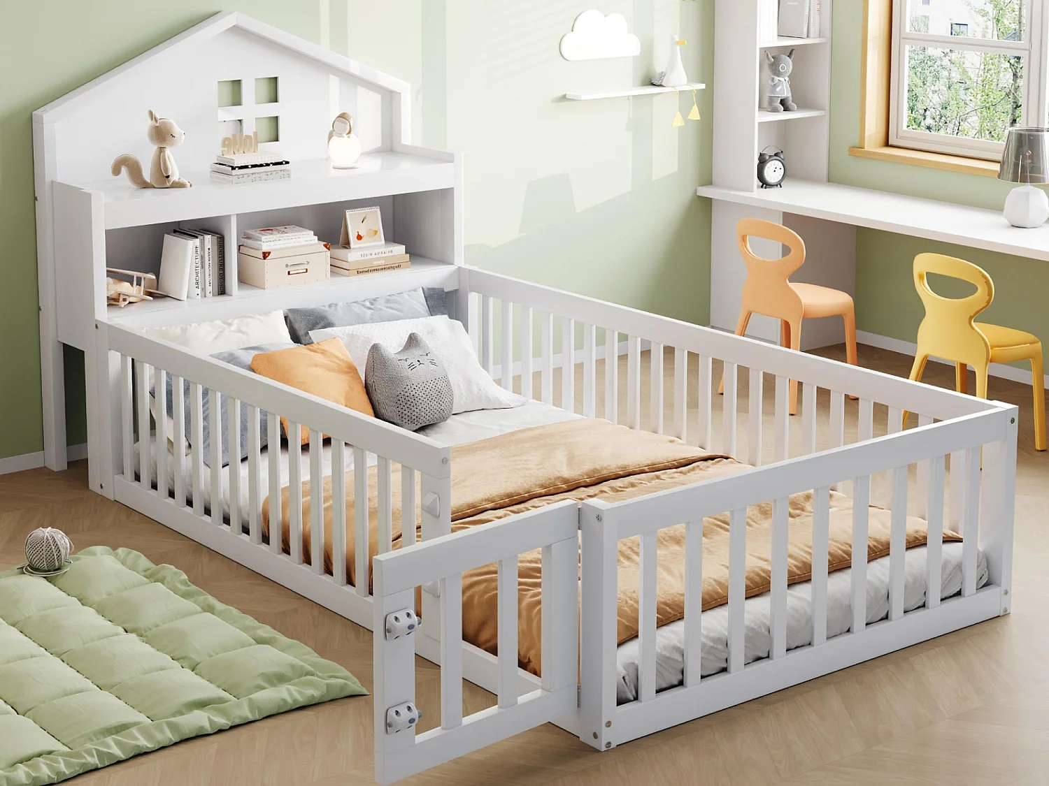 Lit enfant 90x200cm - avec barrières de sécurité - avec étagères - avec porte - blanc (matelas non inclus)