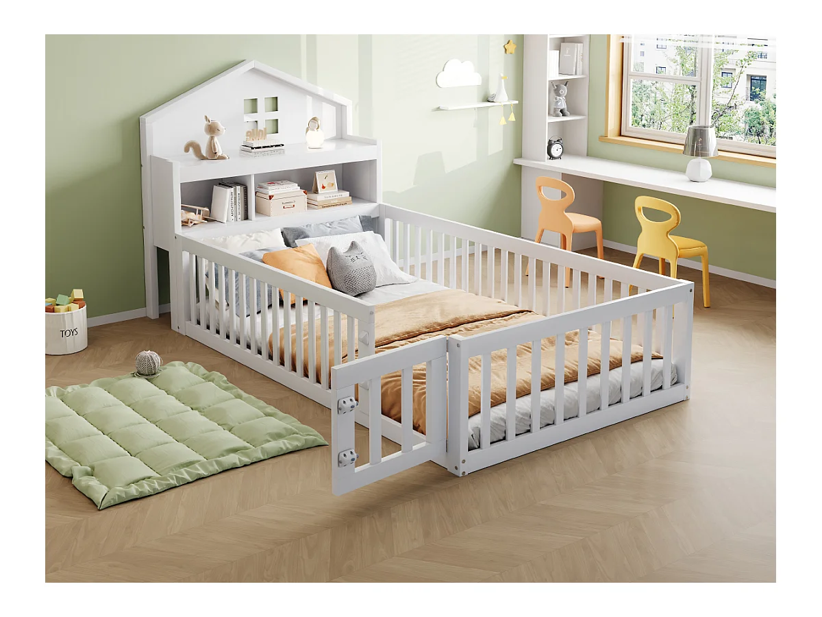 Lit enfant 90x200cm - avec barrières de sécurité - avec étagères - avec porte - blanc (matelas non inclus)