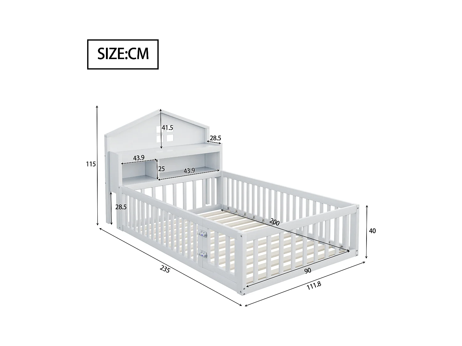 Lit enfant 90x200cm - avec barrières de sécurité - avec étagères - avec porte - blanc (matelas non inclus)