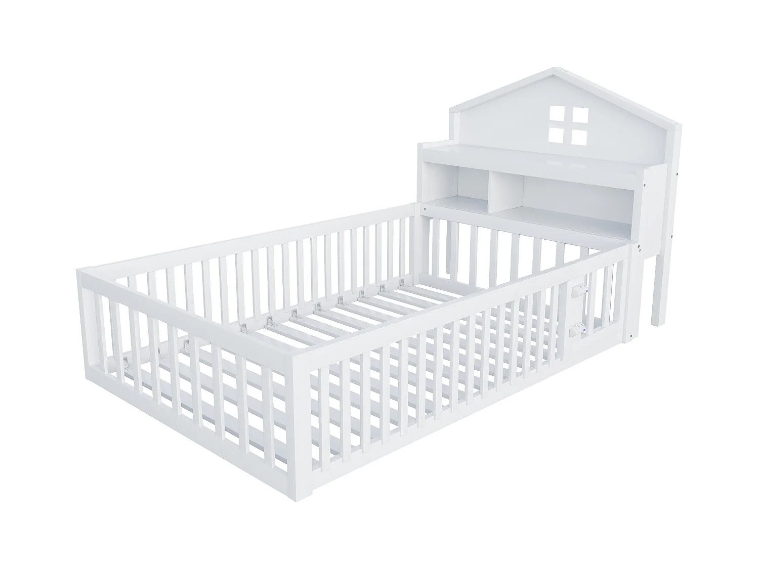 Lit enfant 90x200cm - avec barrières de sécurité - avec étagères - avec porte - blanc (matelas non inclus)