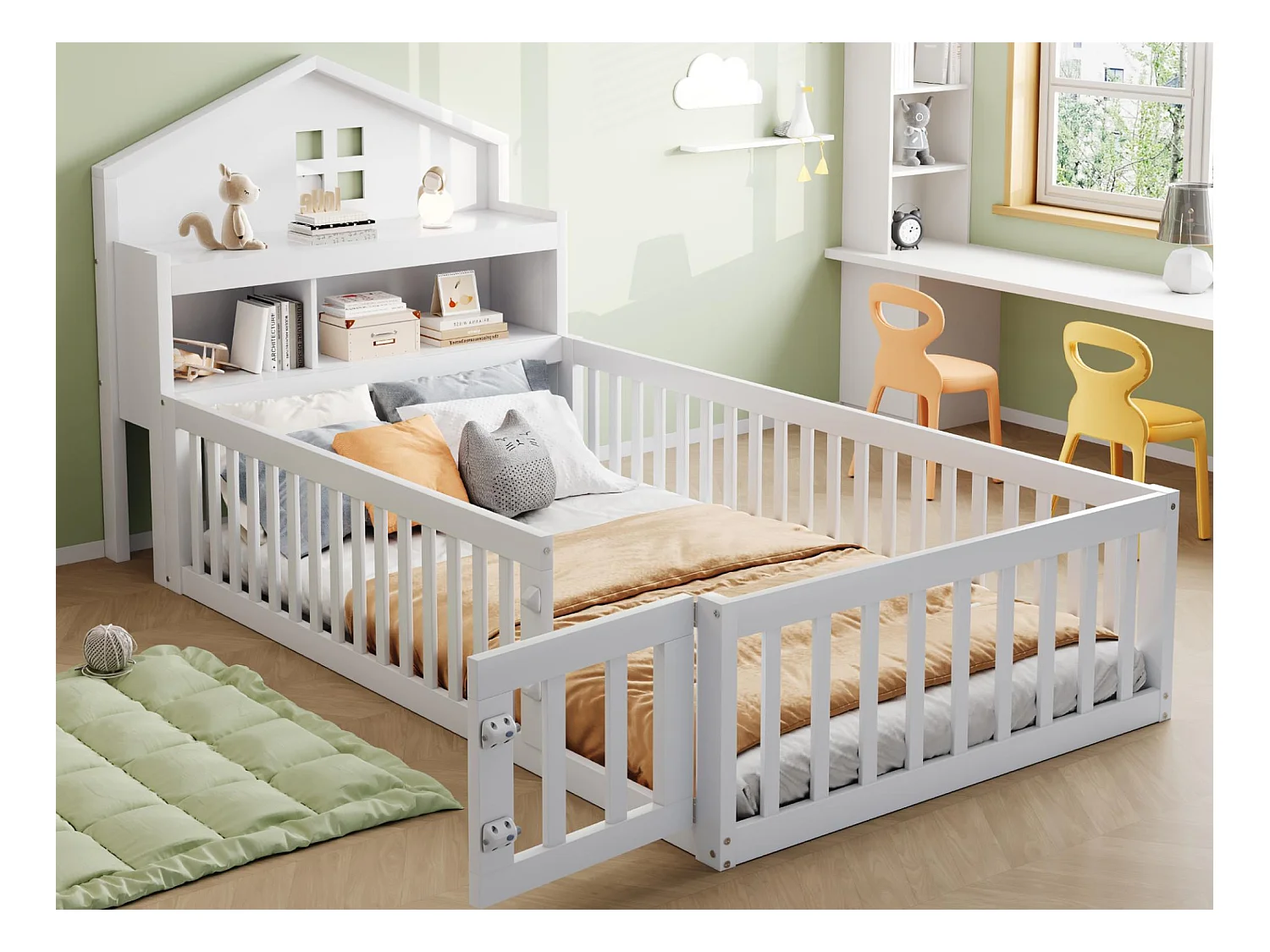 Lit enfant 90x200cm - avec barrières de sécurité - avec étagères - avec porte - blanc (matelas non inclus)
