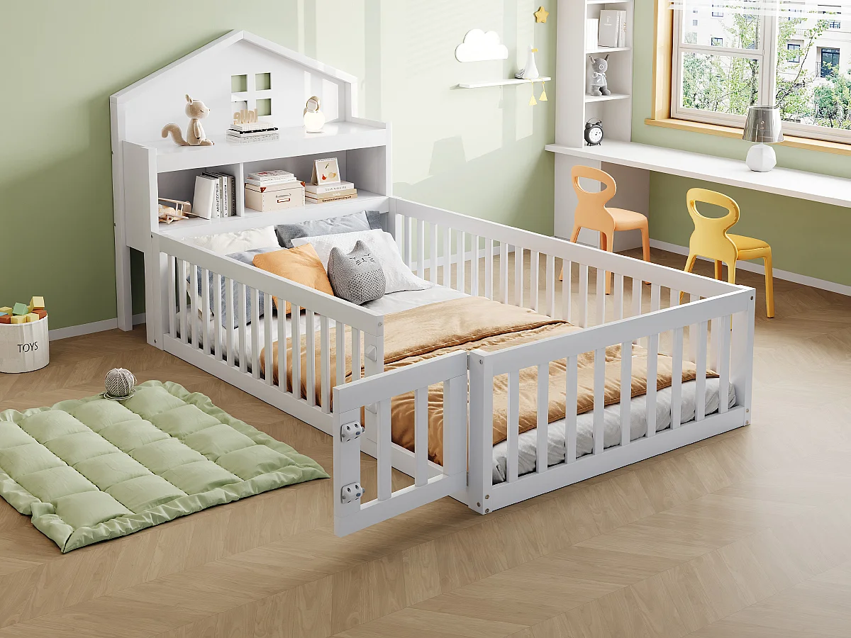 Lit enfant 90x200cm - avec barrières de sécurité - avec étagères - avec porte - blanc (matelas non inclus)