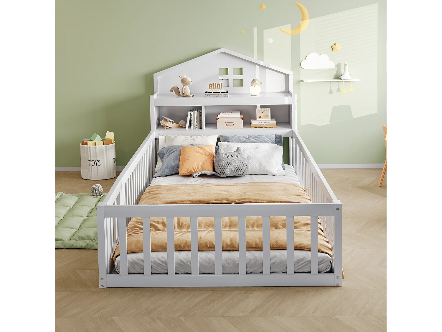 Lit enfant 90x200cm - avec barrières de sécurité - avec étagères - avec porte - blanc (matelas non inclus)