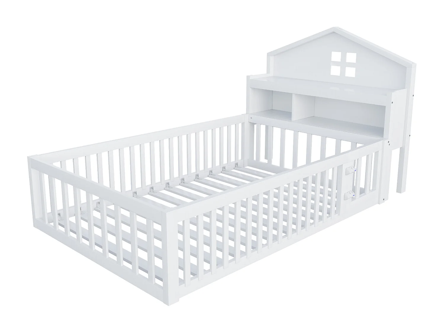 Lit enfant 90x200cm - avec barrières de sécurité - avec étagères - avec porte - blanc (matelas non inclus)