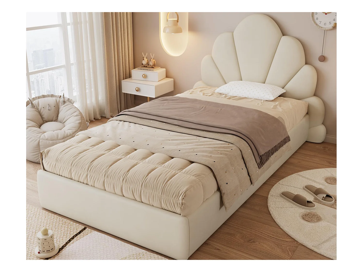 Lit simple 90x200cm rembourré en velours - tête de lit en forme de fleur - avec sommier à lattes - Beige