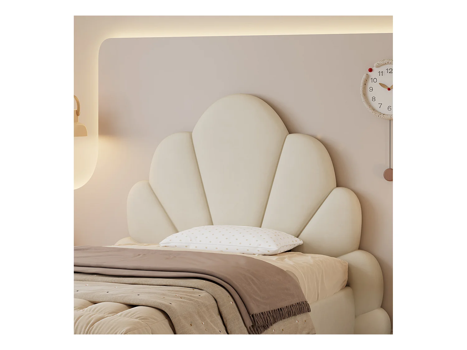 Lit simple 90x200cm rembourré en velours - tête de lit en forme de fleur - avec sommier à lattes - Beige