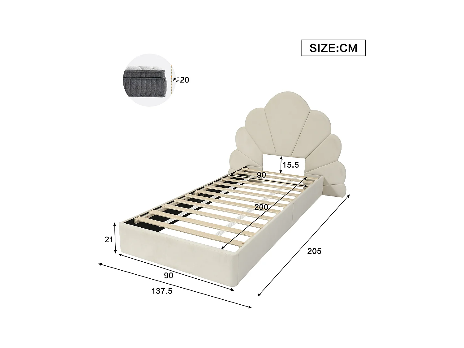 Lit simple 90x200cm rembourré en velours - tête de lit en forme de fleur - avec sommier à lattes - Beige