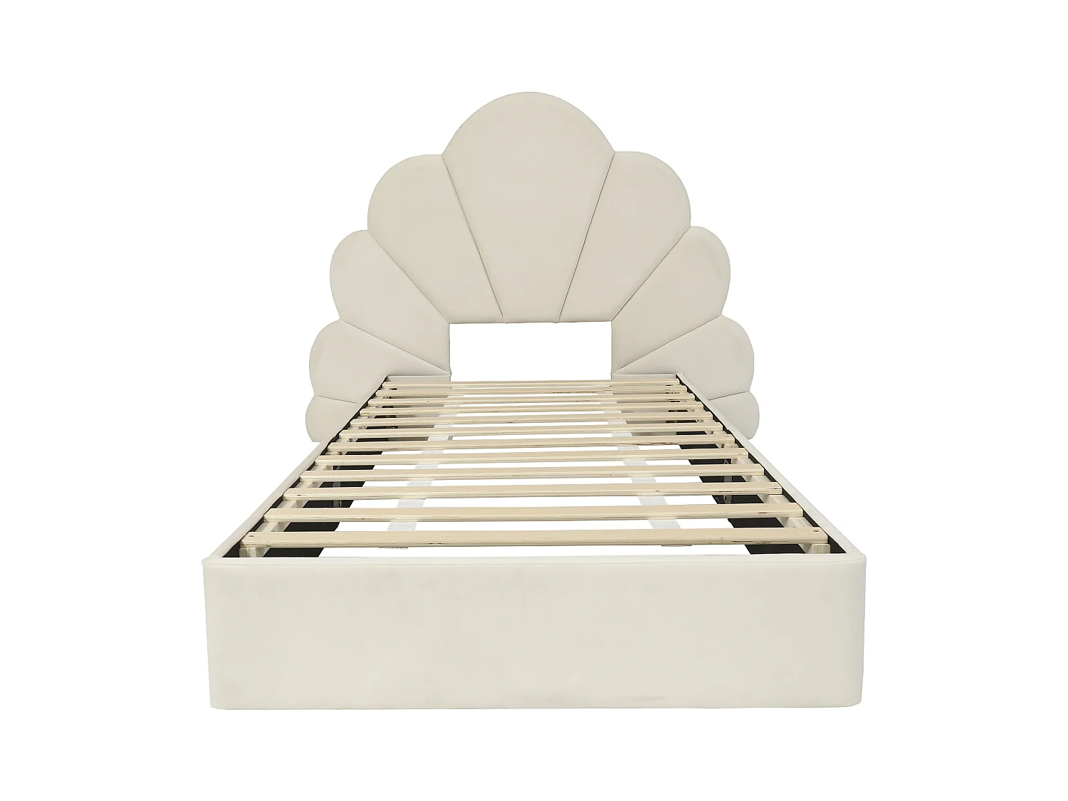 Lit simple 90x200cm rembourré en velours - tête de lit en forme de fleur - avec sommier à lattes - Beige