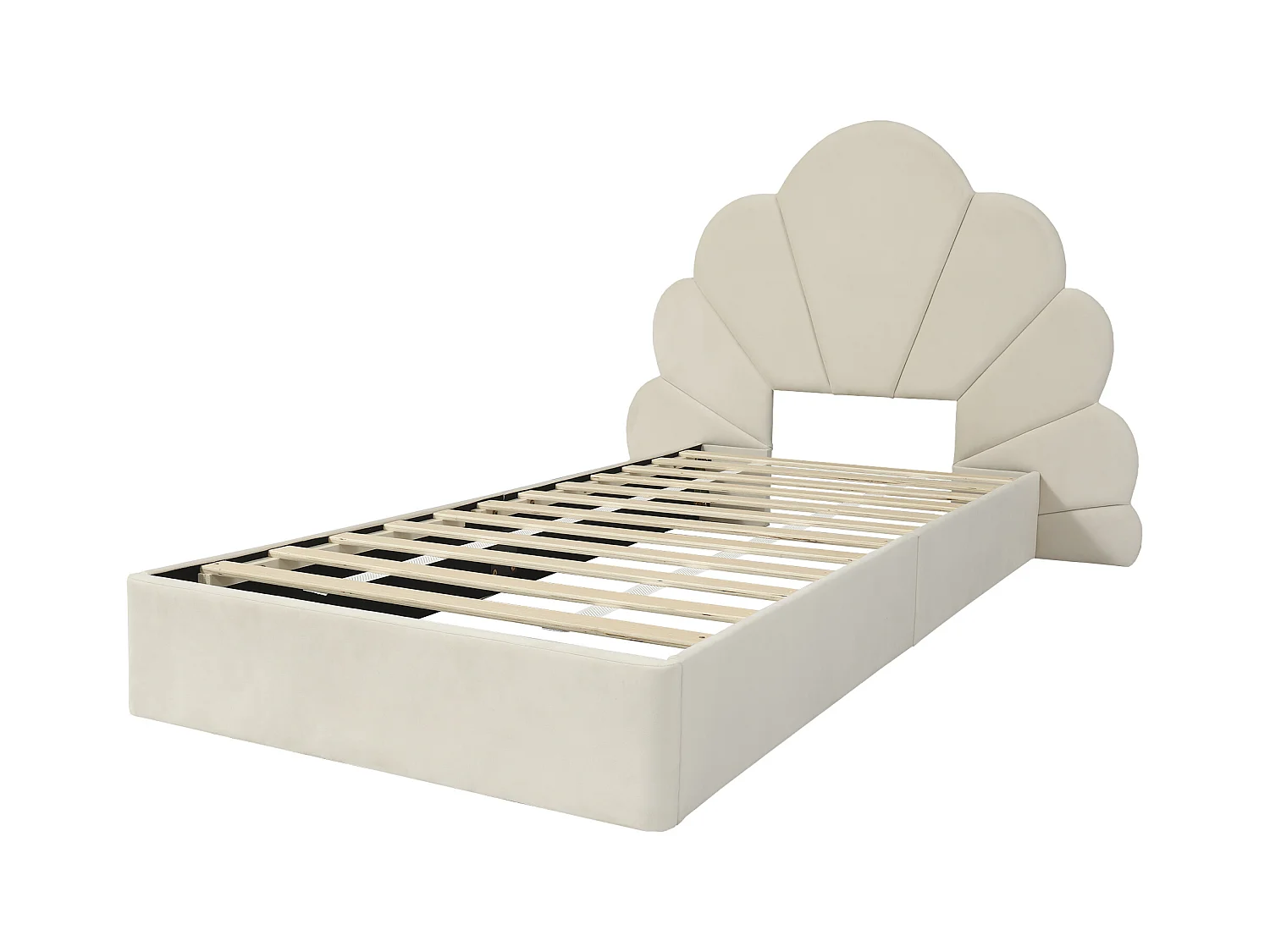 Lit simple 90x200cm rembourré en velours - tête de lit en forme de fleur - avec sommier à lattes - Beige