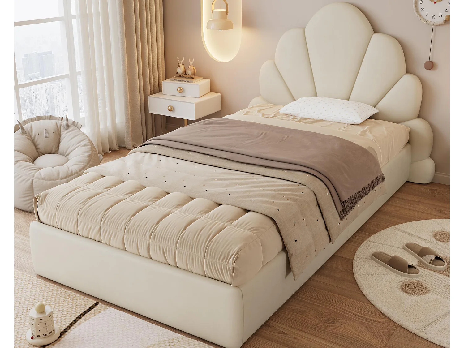 Einzelbett 90x200 cm mit Samtbezug - Blumenkopfteil - mit Lattenrost - Beige