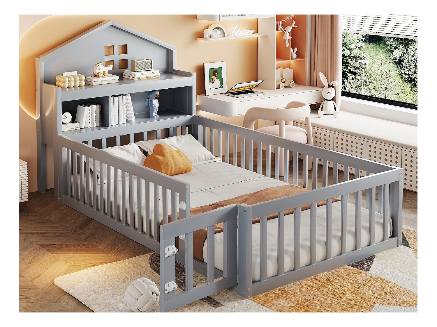 Lit enfant 90x200cm - avec barrières de sécurité - avec étagères - avec porte - gris (matelas non inclus)