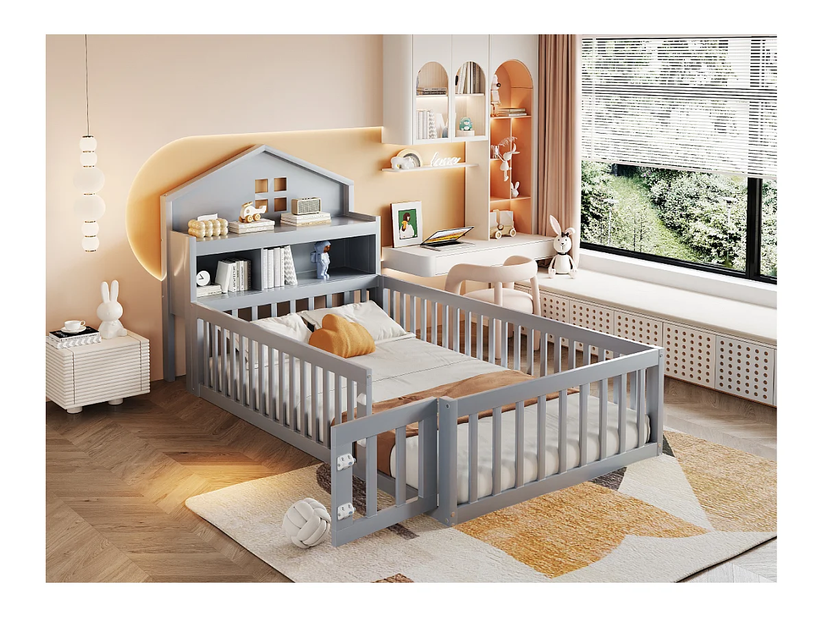 Lit enfant 90x200cm - avec barrières de sécurité - avec étagères - avec porte - gris (matelas non inclus)