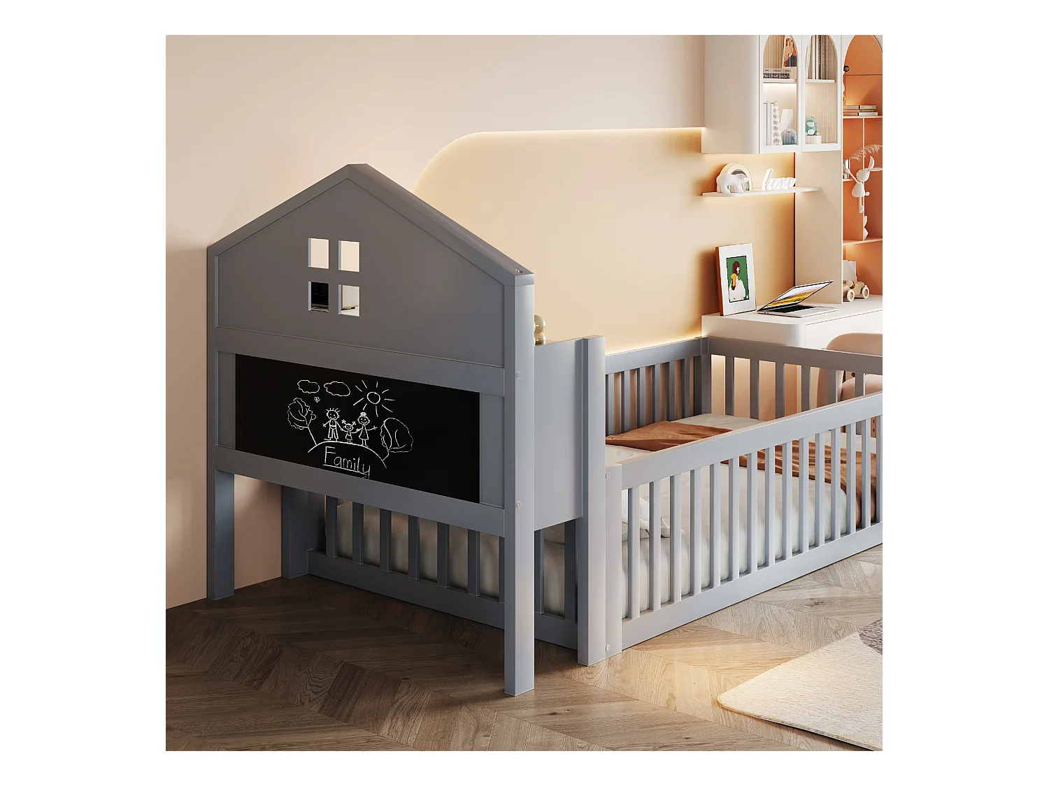 Lit enfant 90x200cm - avec barrières de sécurité - avec étagères - avec porte - gris (matelas non inclus)