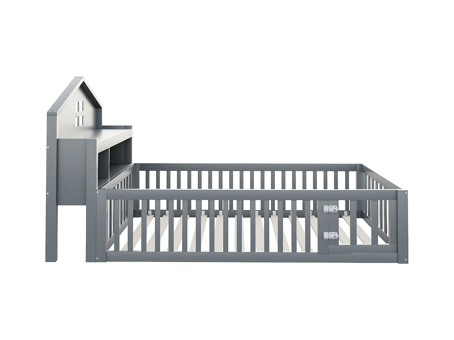 Lit enfant 90x200cm - avec barrières de sécurité - avec étagères - avec porte - gris (matelas non inclus)
