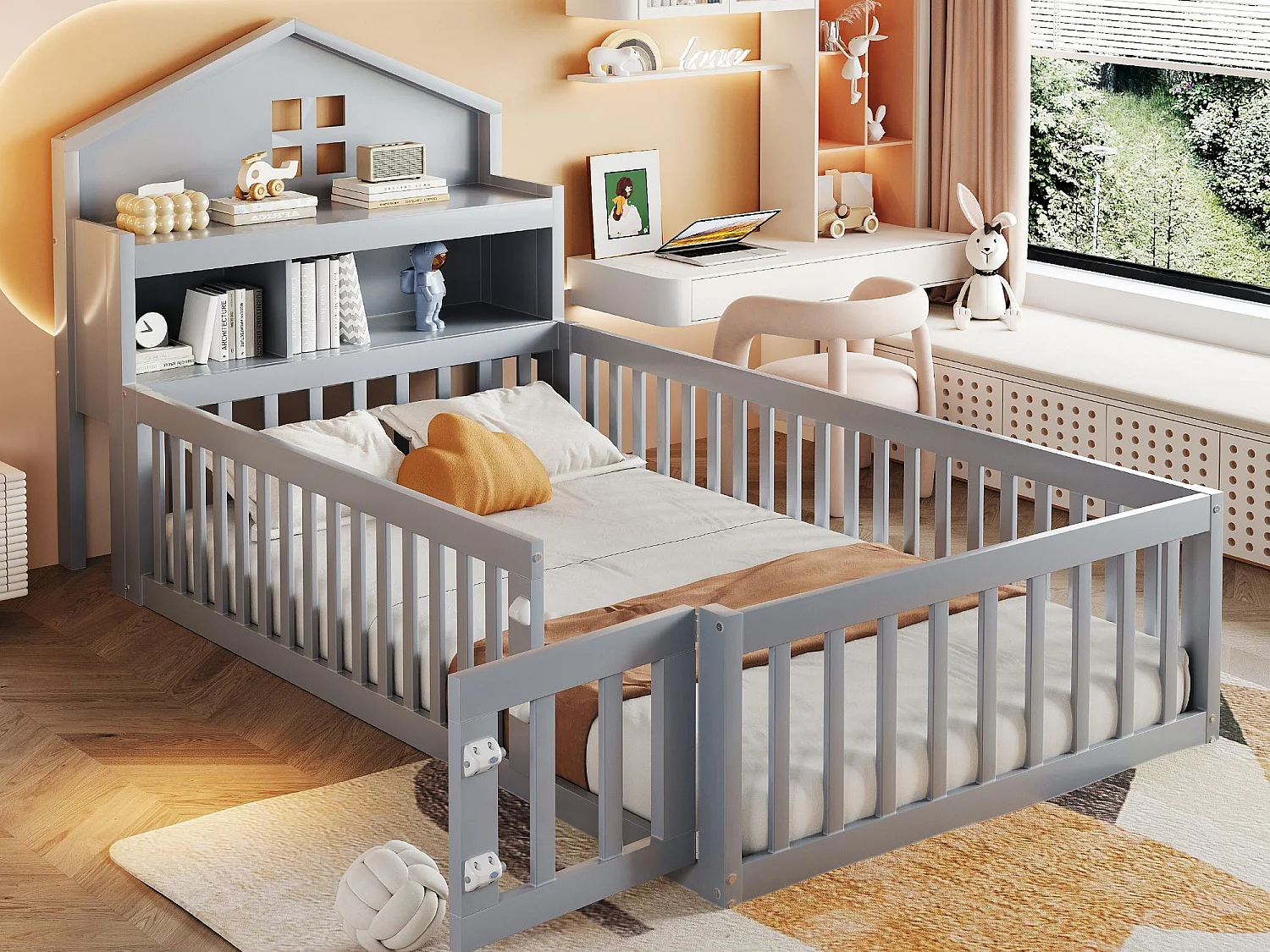 Lit enfant 90x200cm - avec barrières de sécurité - avec étagères - avec porte - gris (matelas non inclus)