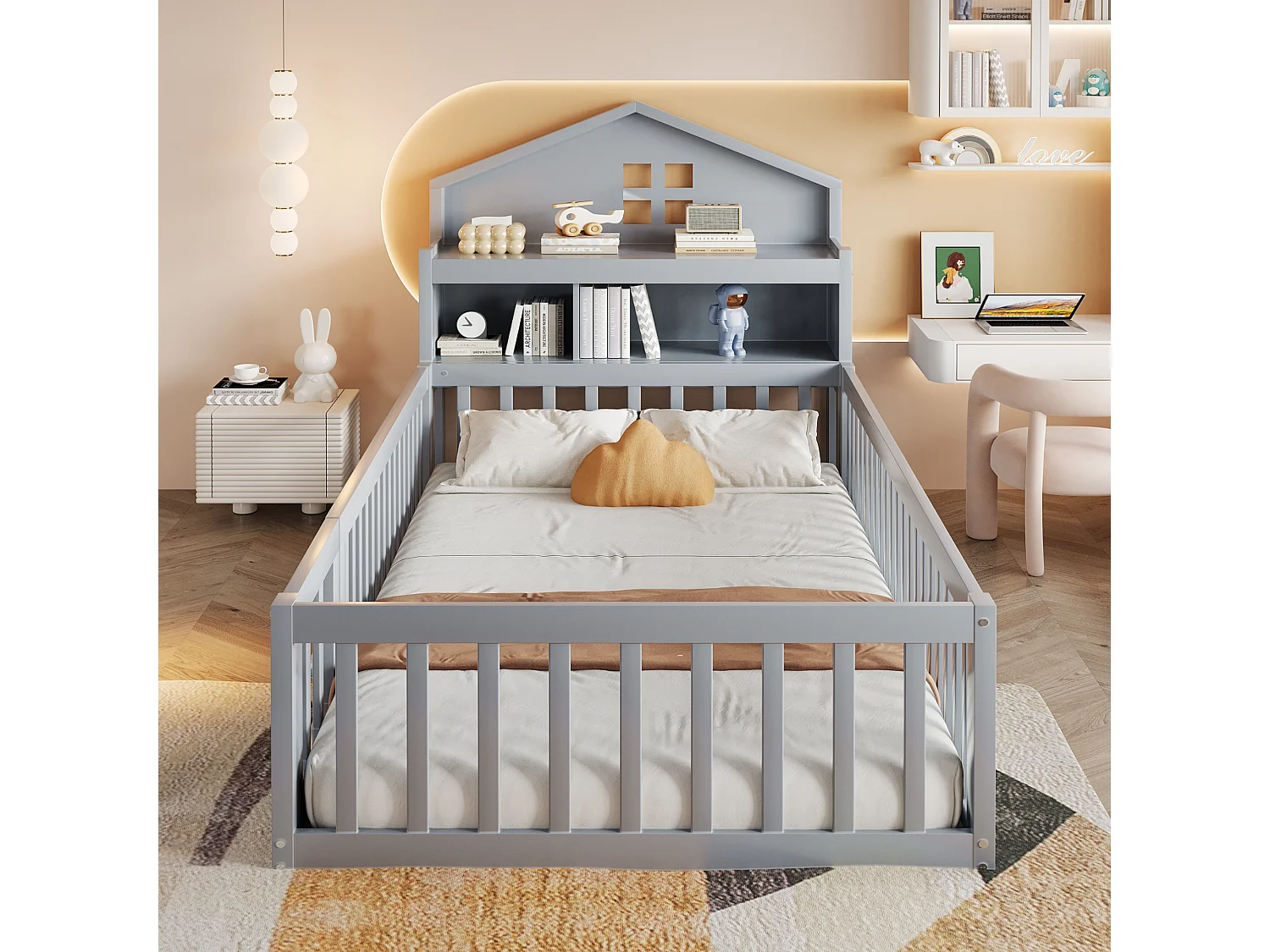 Lit enfant 90x200cm - avec barrières de sécurité - avec étagères - avec porte - gris (matelas non inclus)