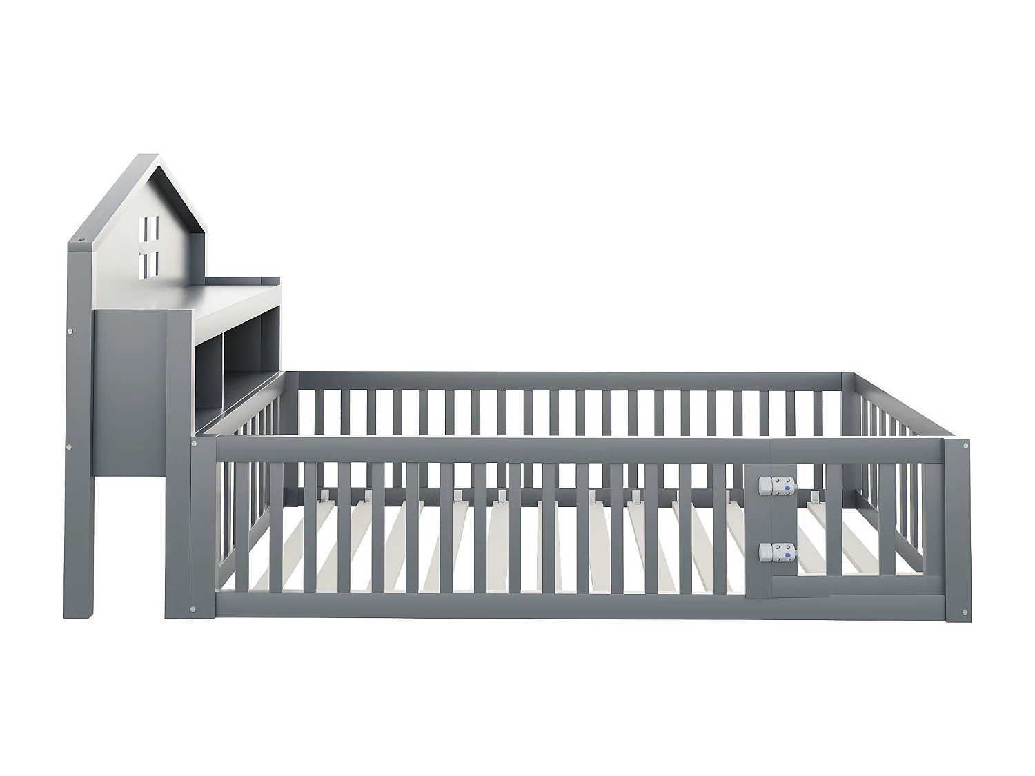 Lit enfant 90x200cm - avec barrières de sécurité - avec étagères - avec porte - gris (matelas non inclus)