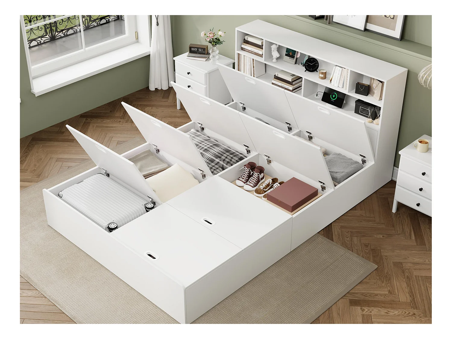 Lit double 140x200cm - rangement sous le lit - avec port USB - avec étagère - MDF - blanc