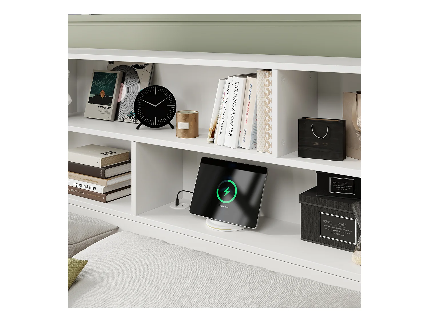 Lit double 140x200cm - rangement sous le lit - avec port USB - avec étagère - MDF - blanc