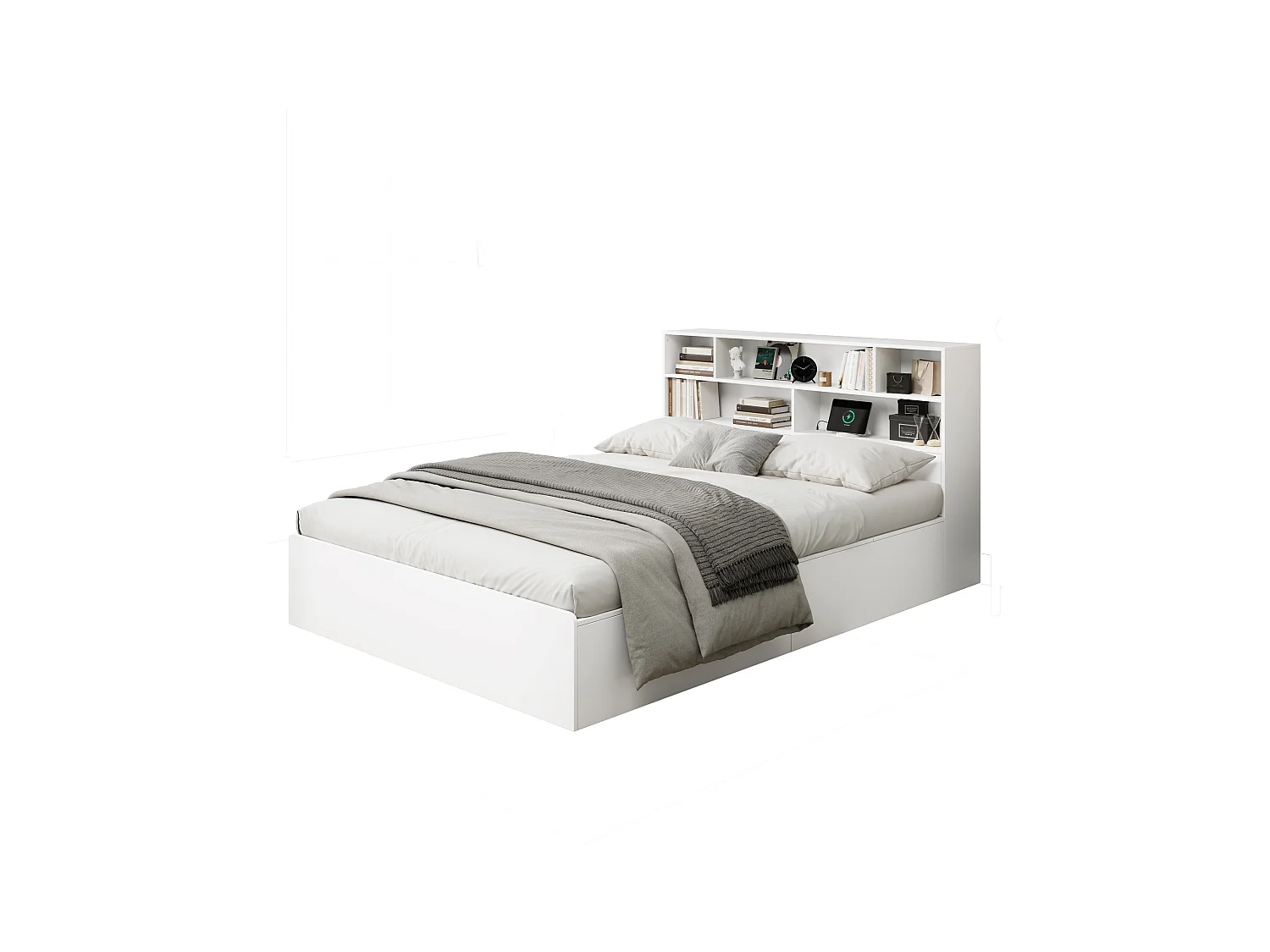 Lit double 140x200cm - rangement sous le lit - avec port USB - avec étagère - MDF - blanc