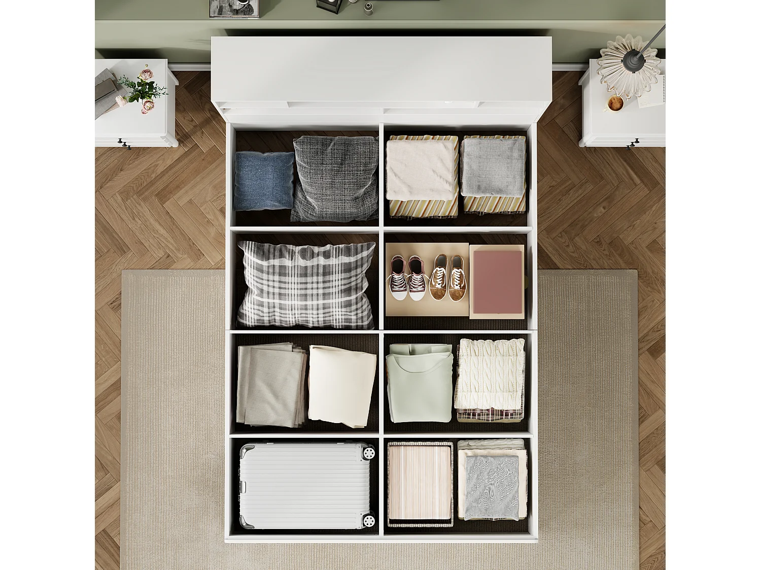 Lit double 140x200cm - rangement sous le lit - avec port USB - avec étagère - MDF - blanc