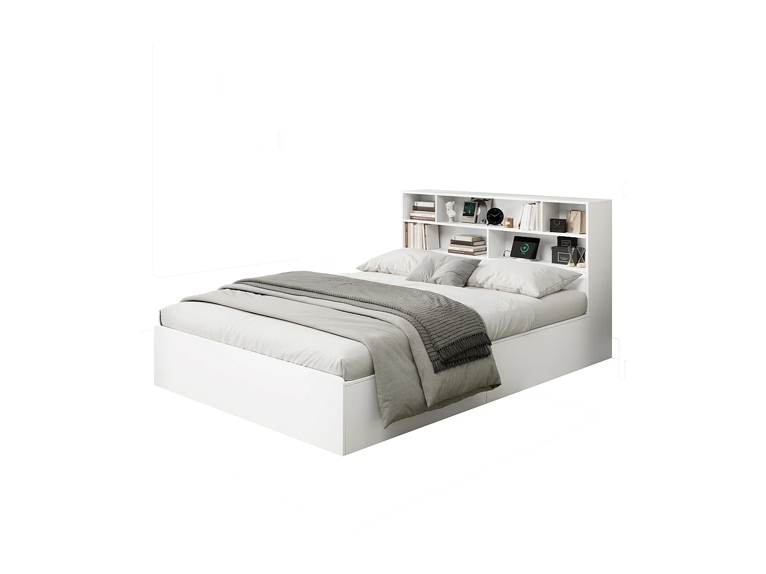 Lit double 140x200cm - rangement sous le lit - avec port USB - avec étagère - MDF - blanc