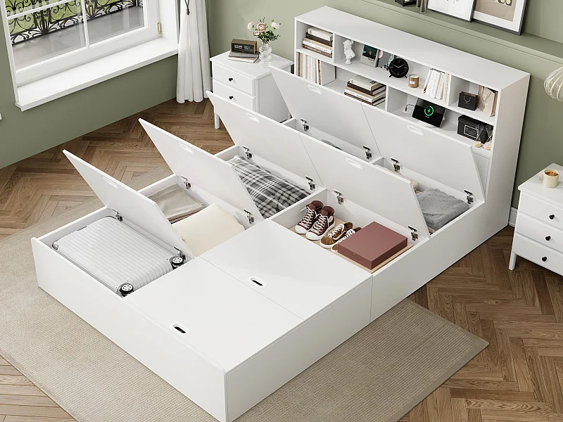 Lit double 140x200cm - rangement sous le lit - avec port USB - avec étagère - MDF - blanc