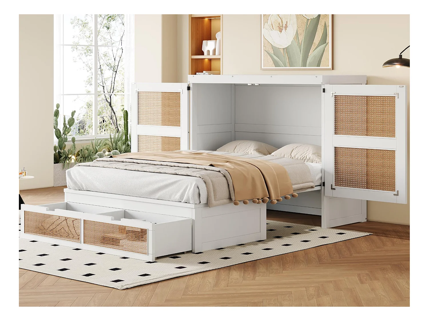 Klappbett 140x200 cm - mit Schubladen - aus Massivholz - mit Lattenrost - weiß (Matratze nicht enthalten)