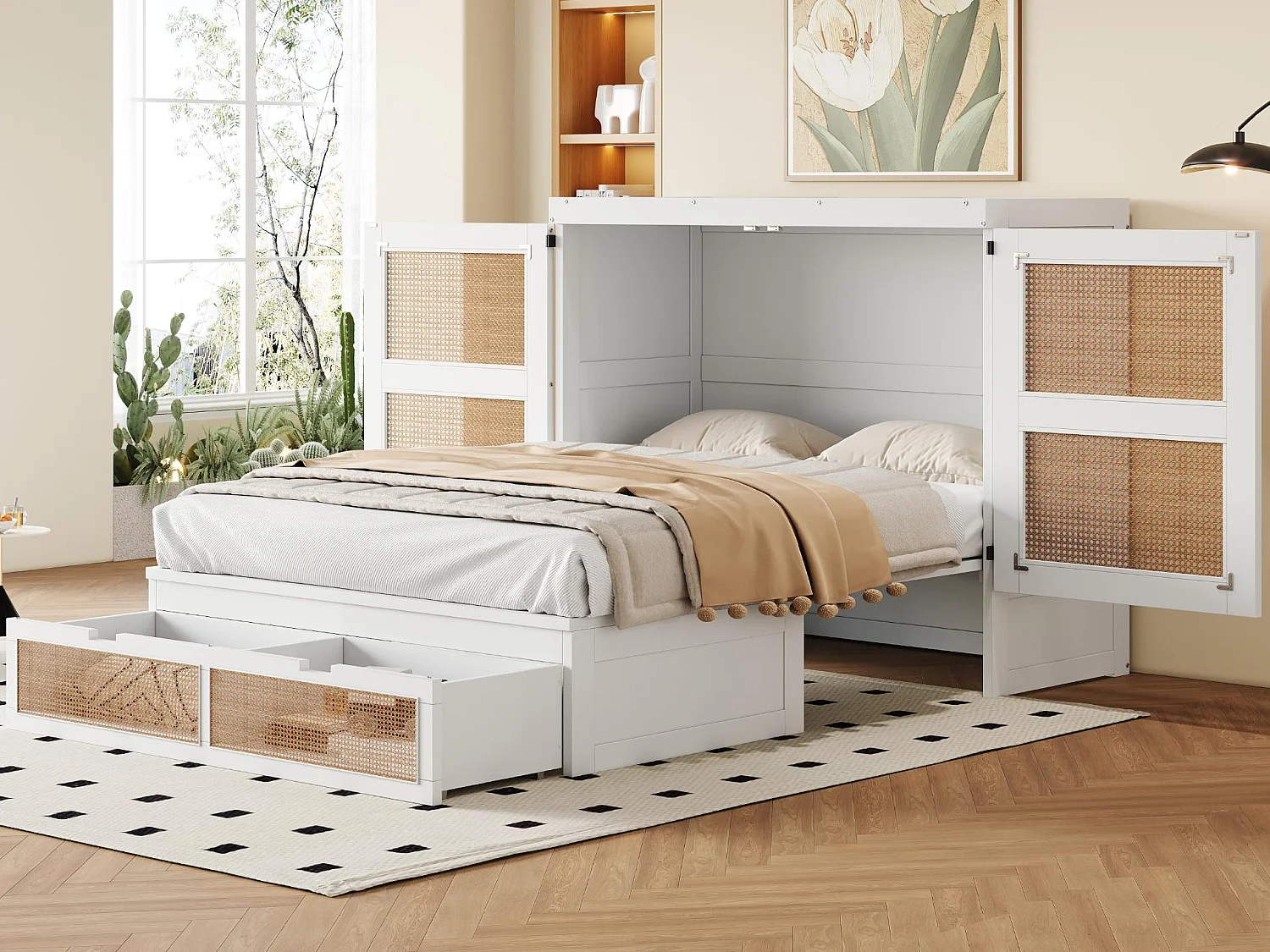 Lit escamotable 140x200cm - avec tiroirs - bois massif - sommier à lattes - blanc(matelas non inclus)