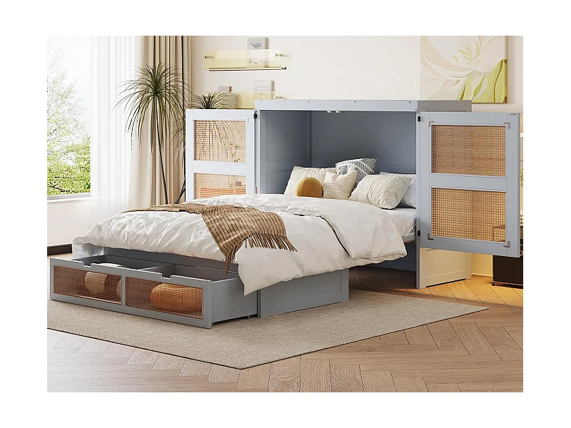 Łóżko ścienne 140x200 cm - z szufladami - z litego drewna - z listwowym stelażem - szare (materac nie jest w zestawie)