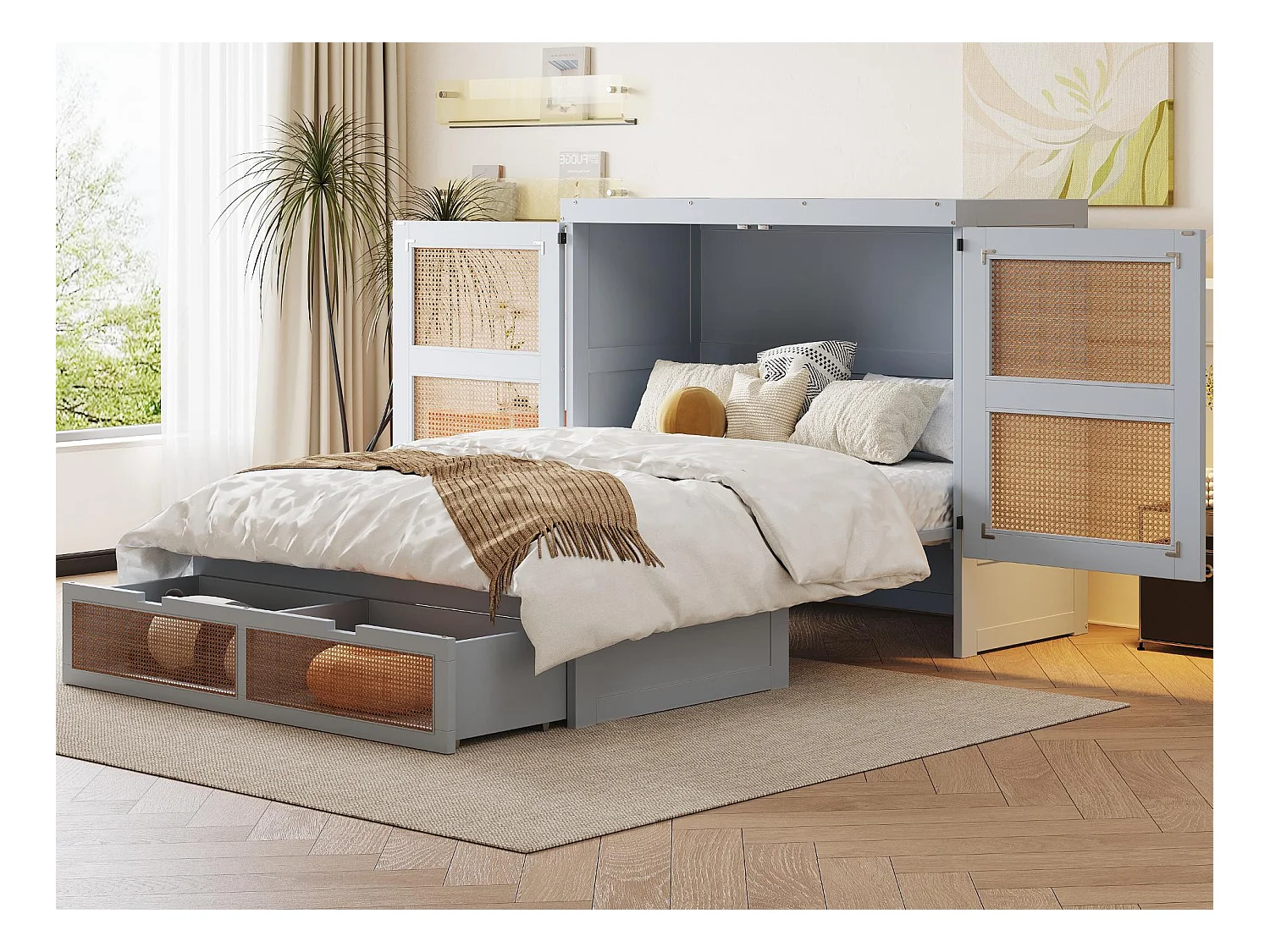 Lit escamotable 140x200cm - avec tiroirs - bois massif - sommier à lattes - gris (matelas non inclus)