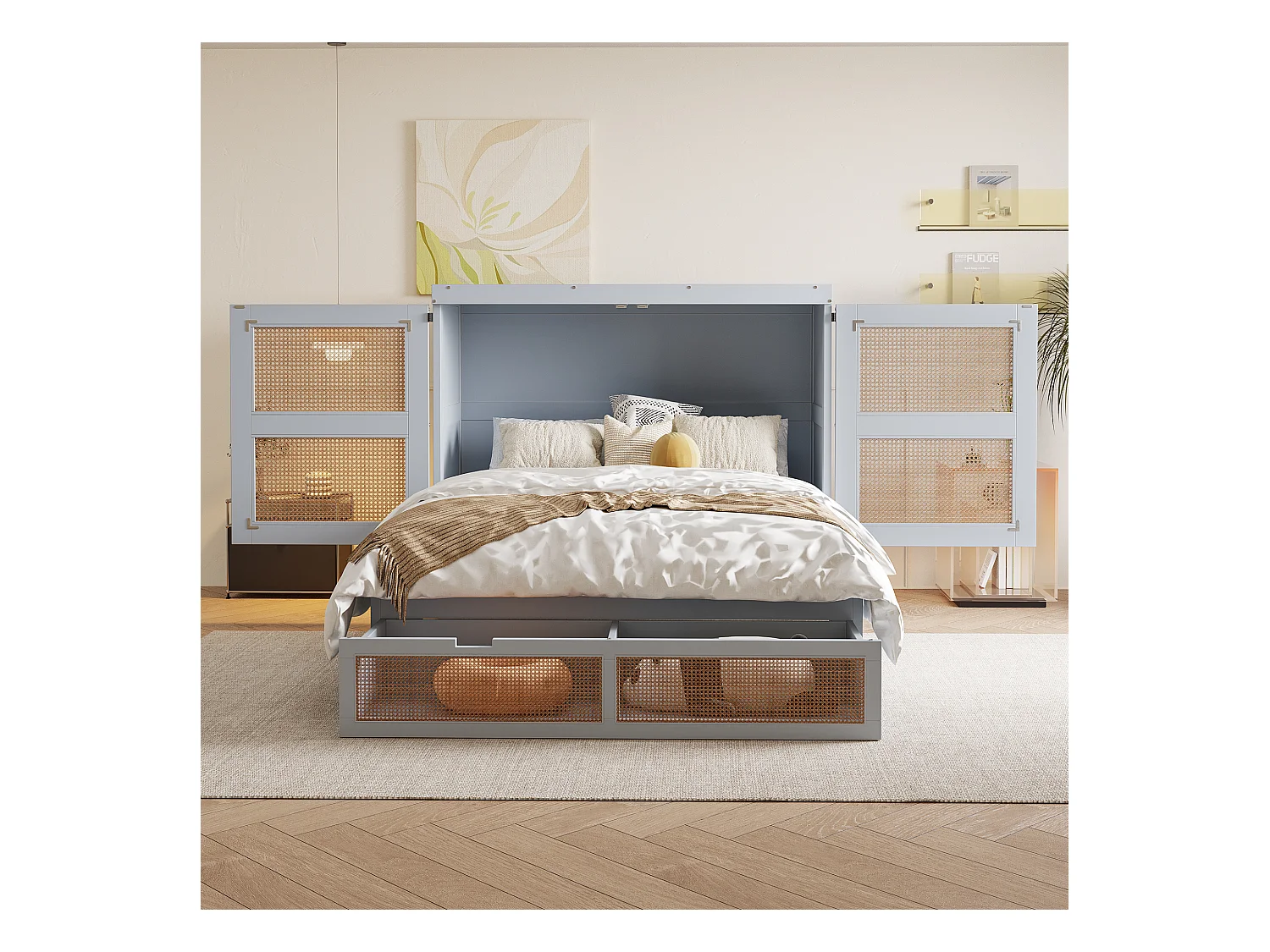 Lit escamotable 140x200cm - avec tiroirs - bois massif - sommier à lattes - gris (matelas non inclus)