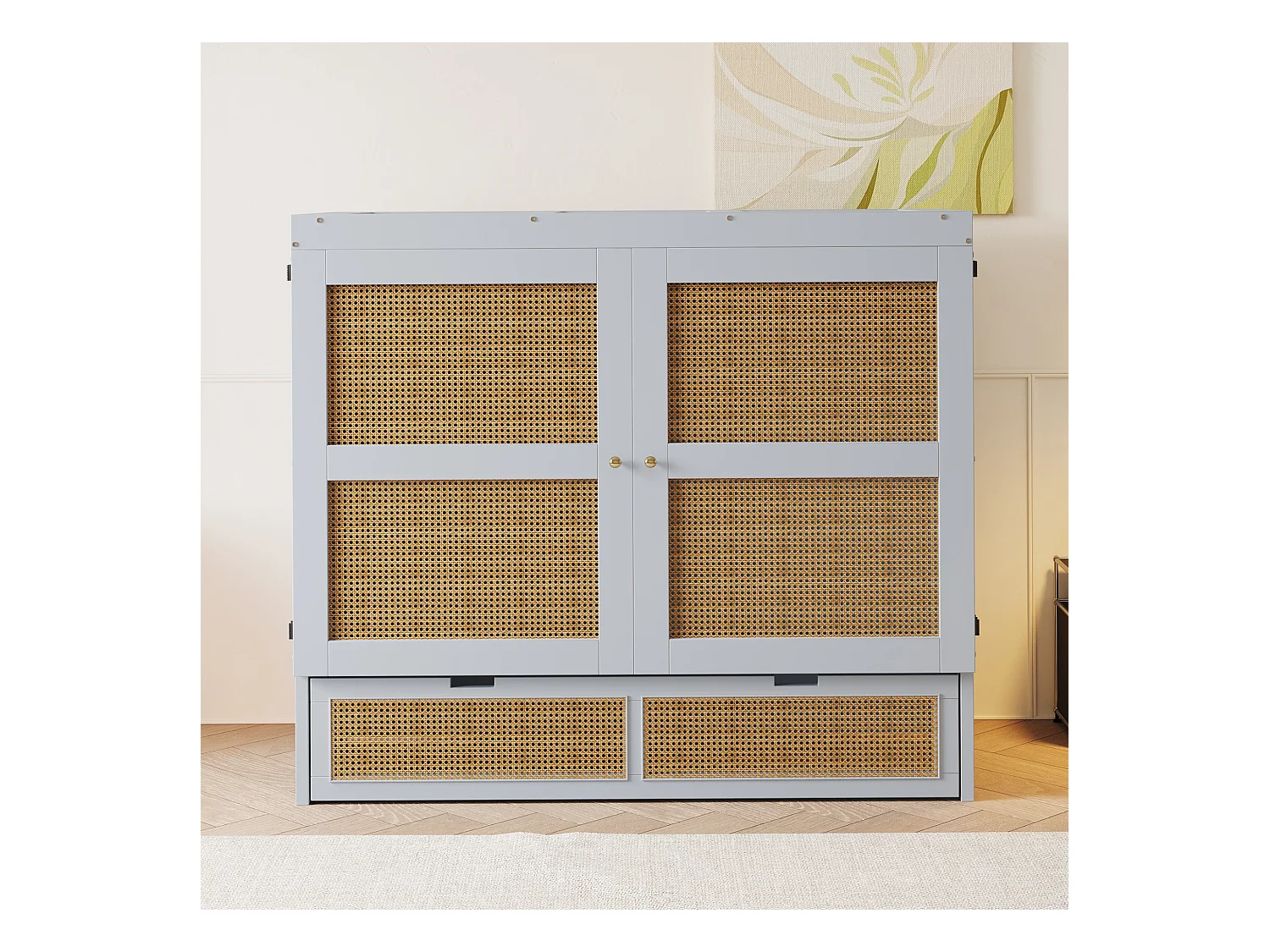 Lit escamotable 140x200cm - avec tiroirs - bois massif - sommier à lattes - gris (matelas non inclus)