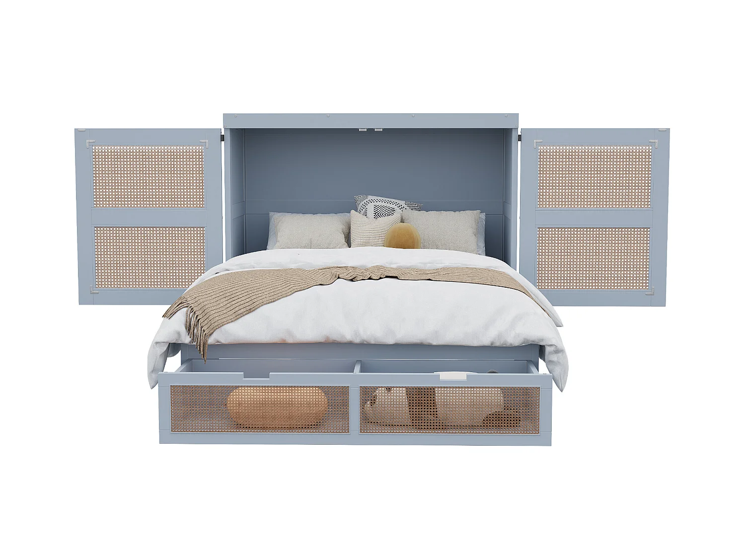 Lit escamotable 140x200cm - avec tiroirs - bois massif - sommier à lattes - gris (matelas non inclus)