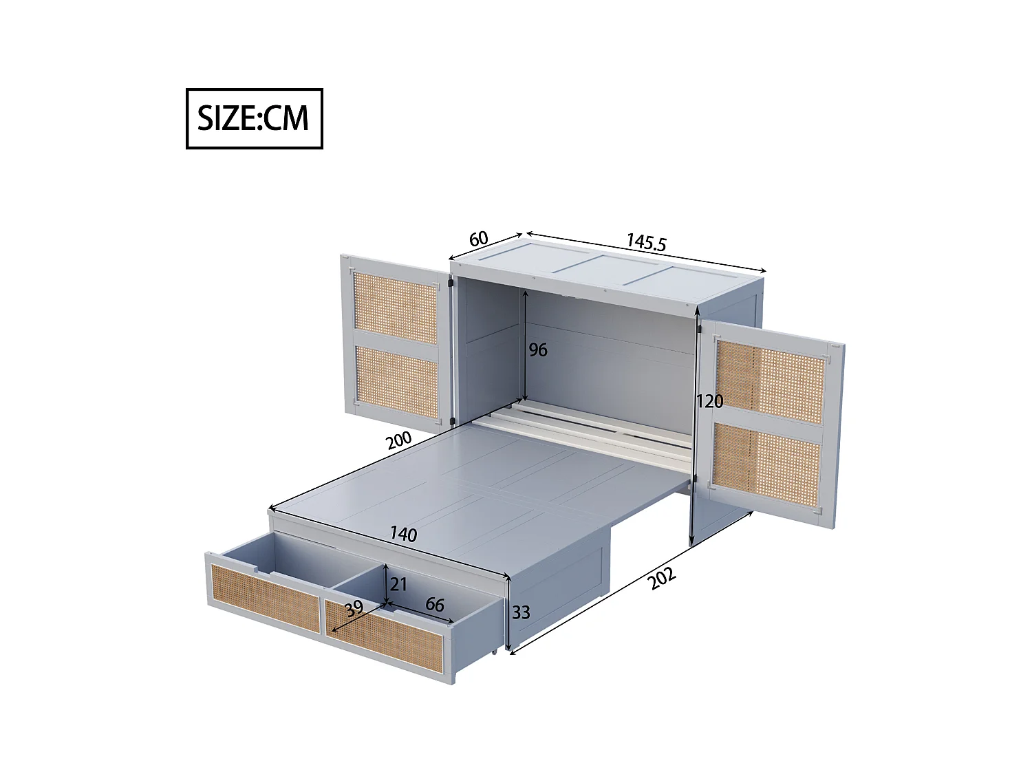 Lit escamotable 140x200cm - avec tiroirs - bois massif - sommier à lattes - gris (matelas non inclus)