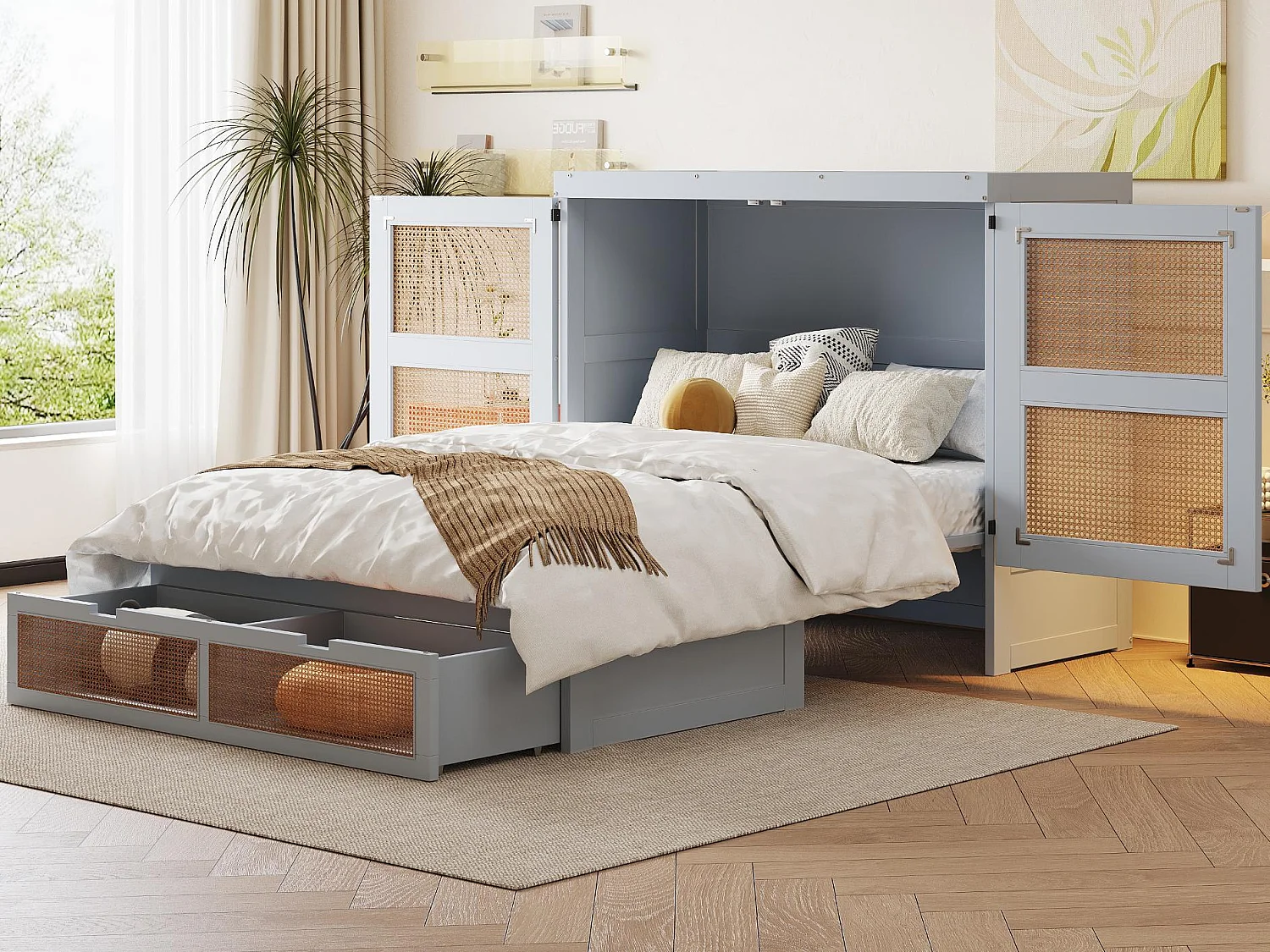 Lit escamotable 140x200cm - avec tiroirs - bois massif - sommier à lattes - gris (matelas non inclus)