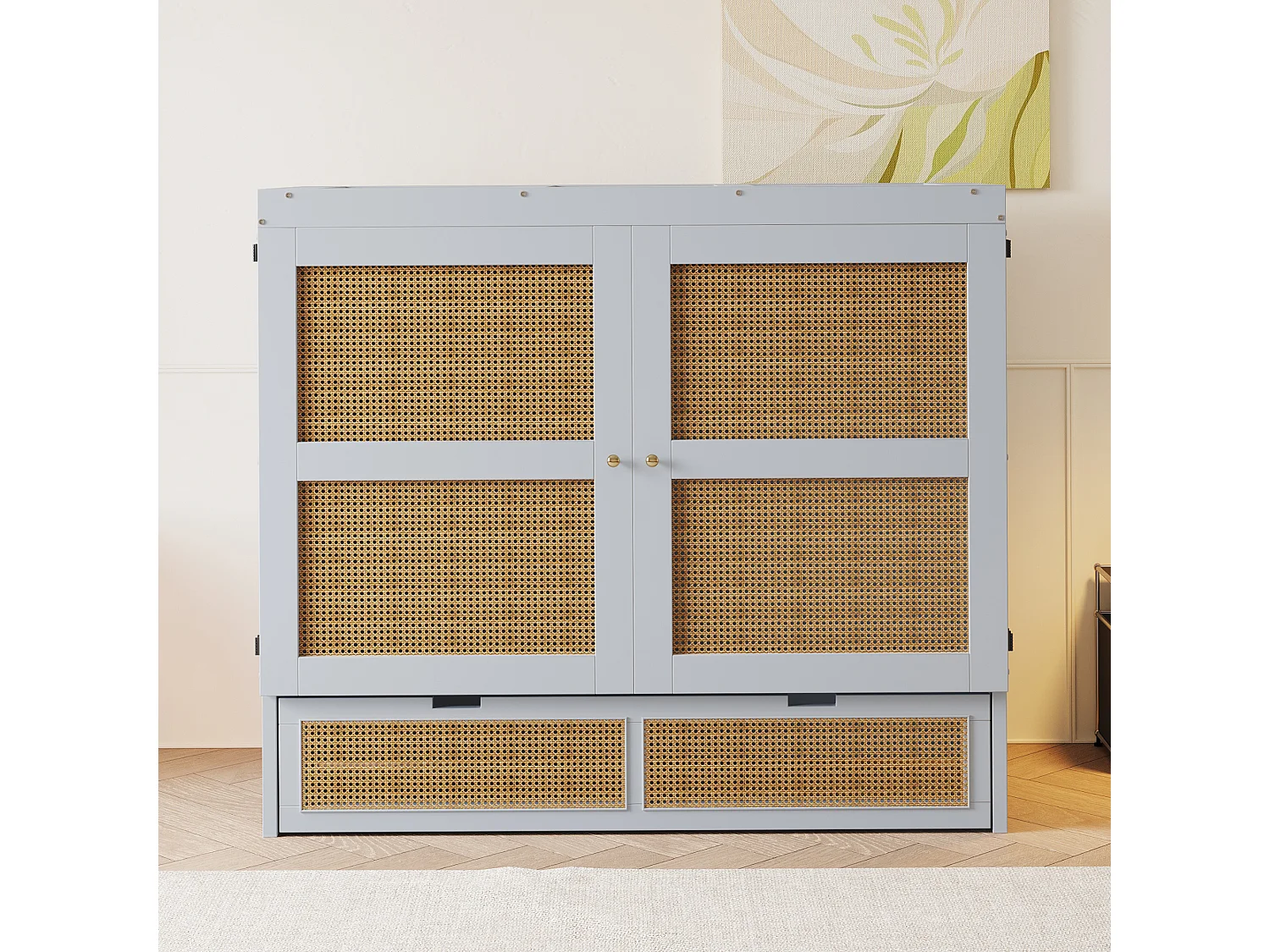 Lit escamotable 140x200cm - avec tiroirs - bois massif - sommier à lattes - gris (matelas non inclus)