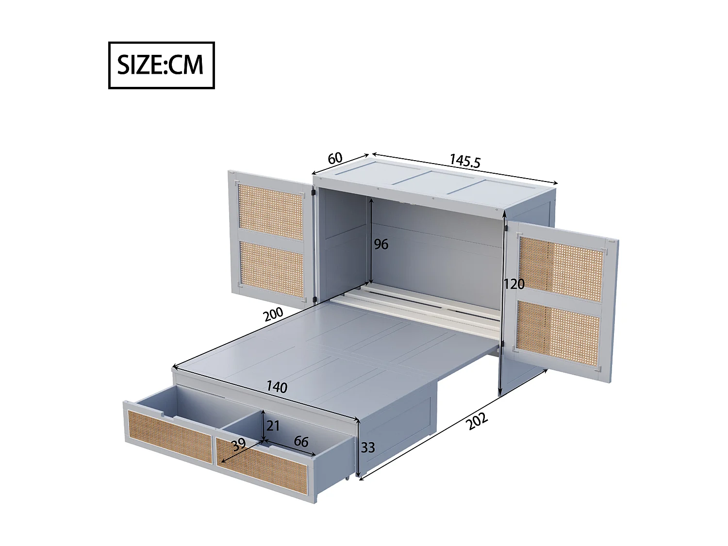 Lit escamotable 140x200cm - avec tiroirs - bois massif - sommier à lattes - gris (matelas non inclus)