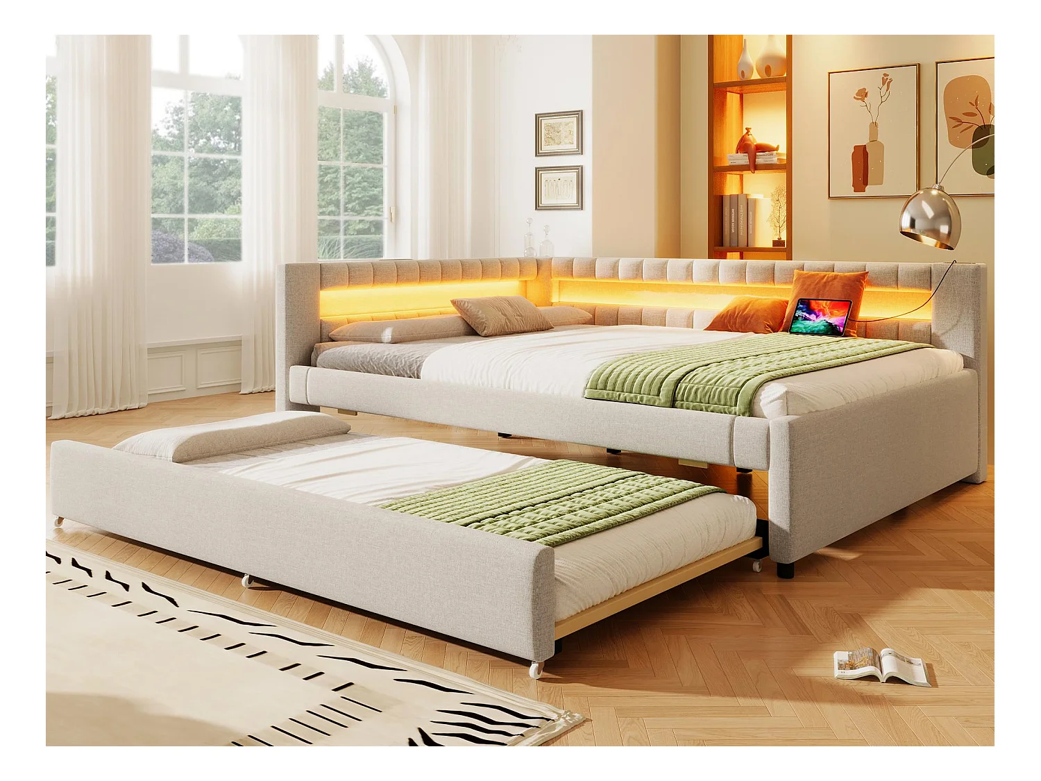 Sofá cama 140x200 cm - con iluminación LED - con cama nido - con puertos USB + TYPE-C - lino - beige (colchón no incluido)