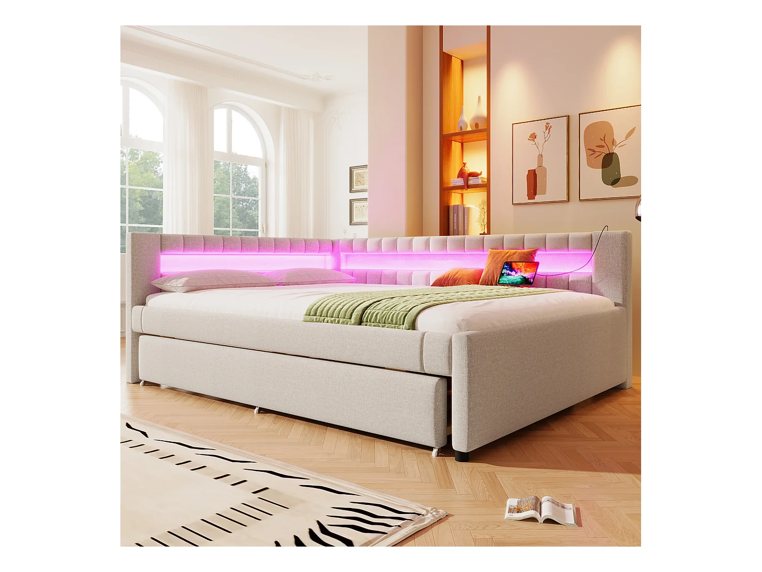 Sofá cama 140x200 cm - con iluminación LED - con cama nido - con puertos USB + TYPE-C - lino - beige (colchón no incluido)