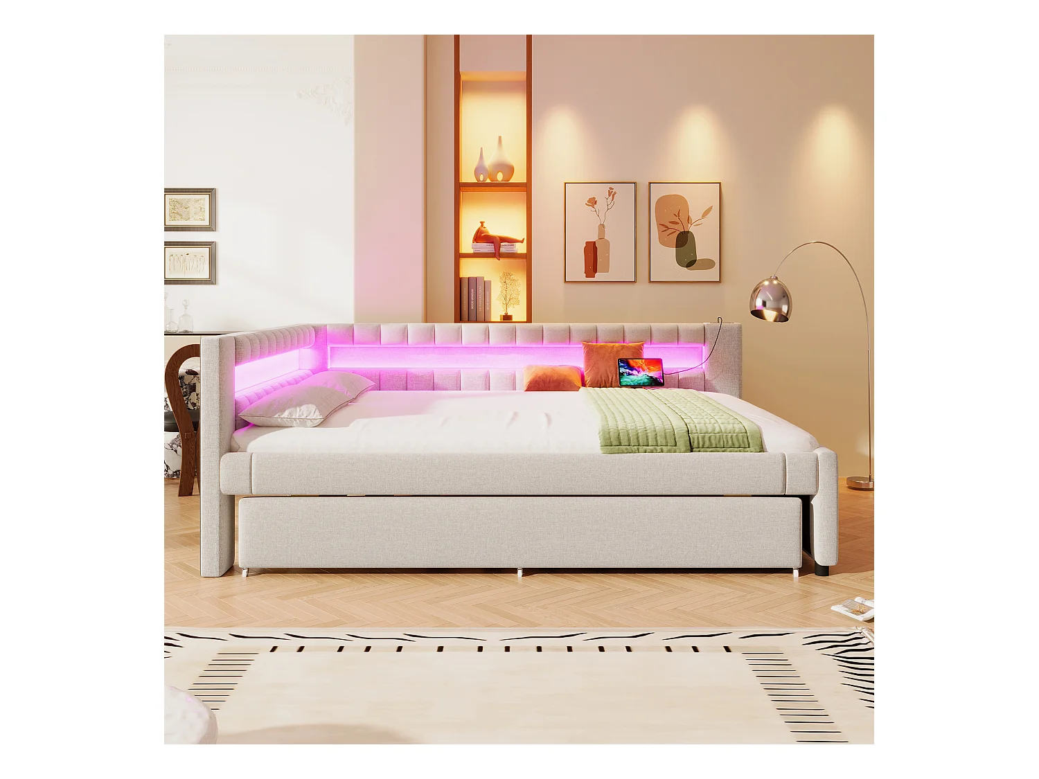 Sofá cama 140x200 cm - con iluminación LED - con cama nido - con puertos USB + TYPE-C - lino - beige (colchón no incluido)