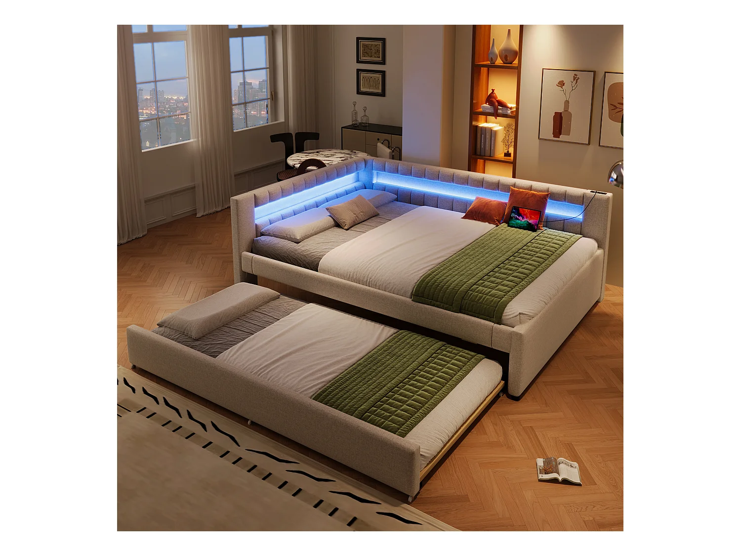 Sofá cama 140x200 cm - con iluminación LED - con cama nido - con puertos USB + TYPE-C - lino - beige (colchón no incluido)