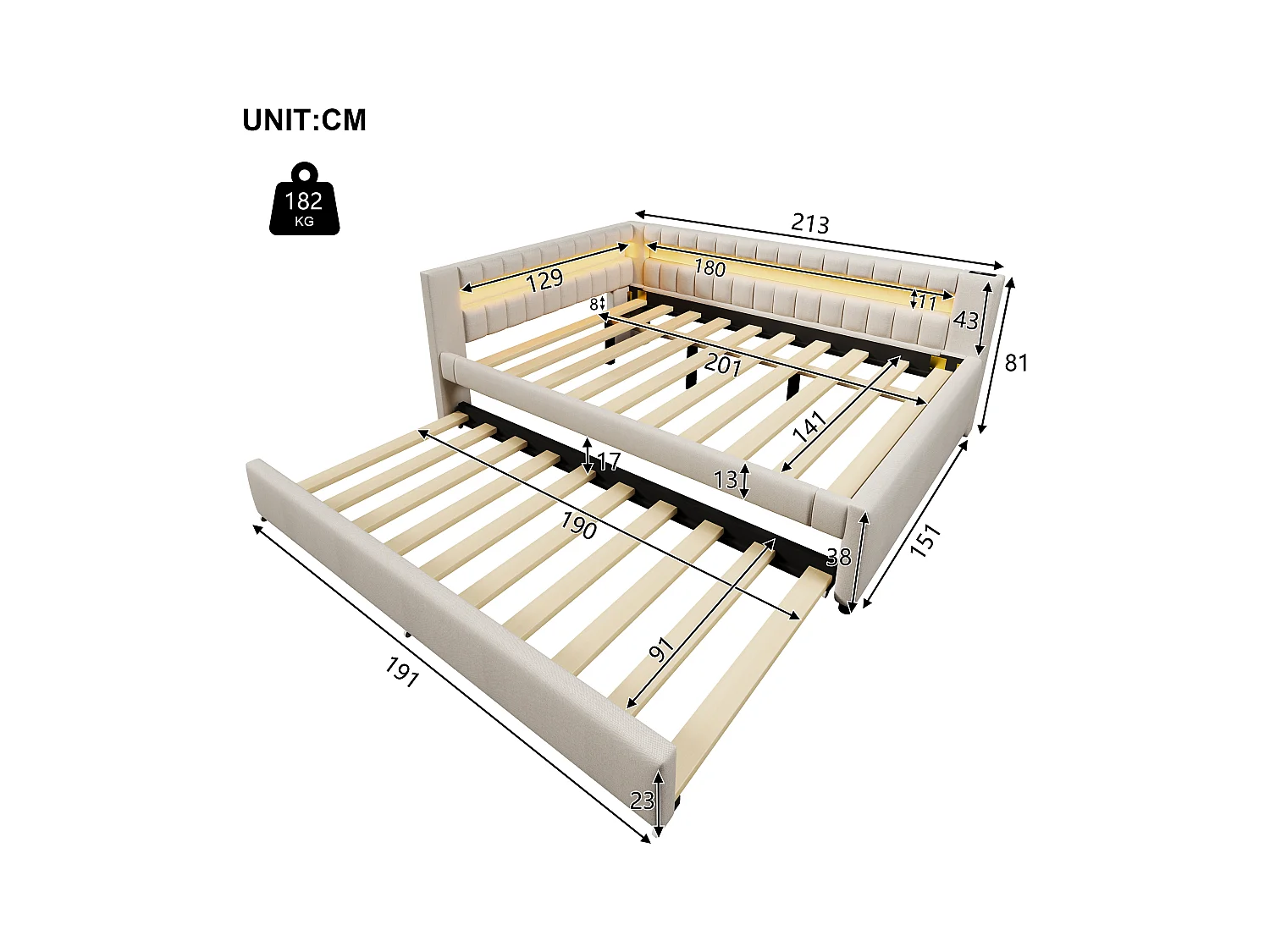Sofá cama 140x200 cm - con iluminación LED - con cama nido - con puertos USB + TYPE-C - lino - beige (colchón no incluido)