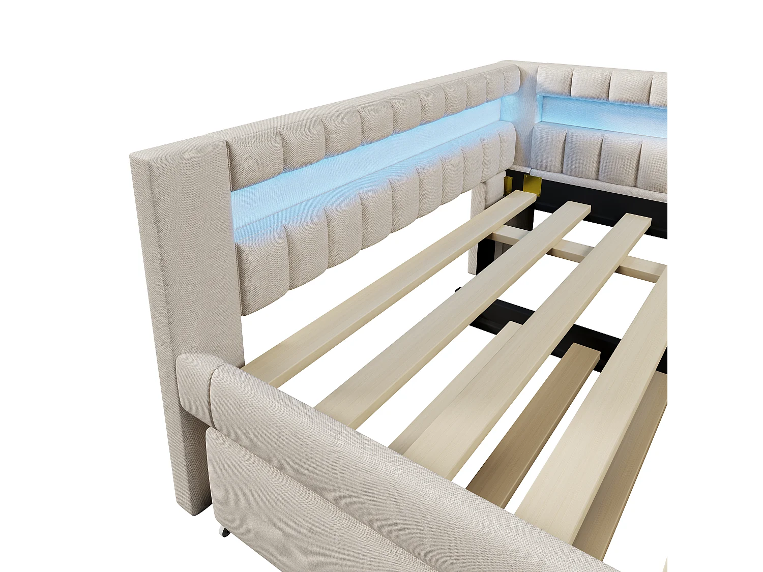 Sofá cama 140x200 cm - con iluminación LED - con cama nido - con puertos USB + TYPE-C - lino - beige (colchón no incluido)