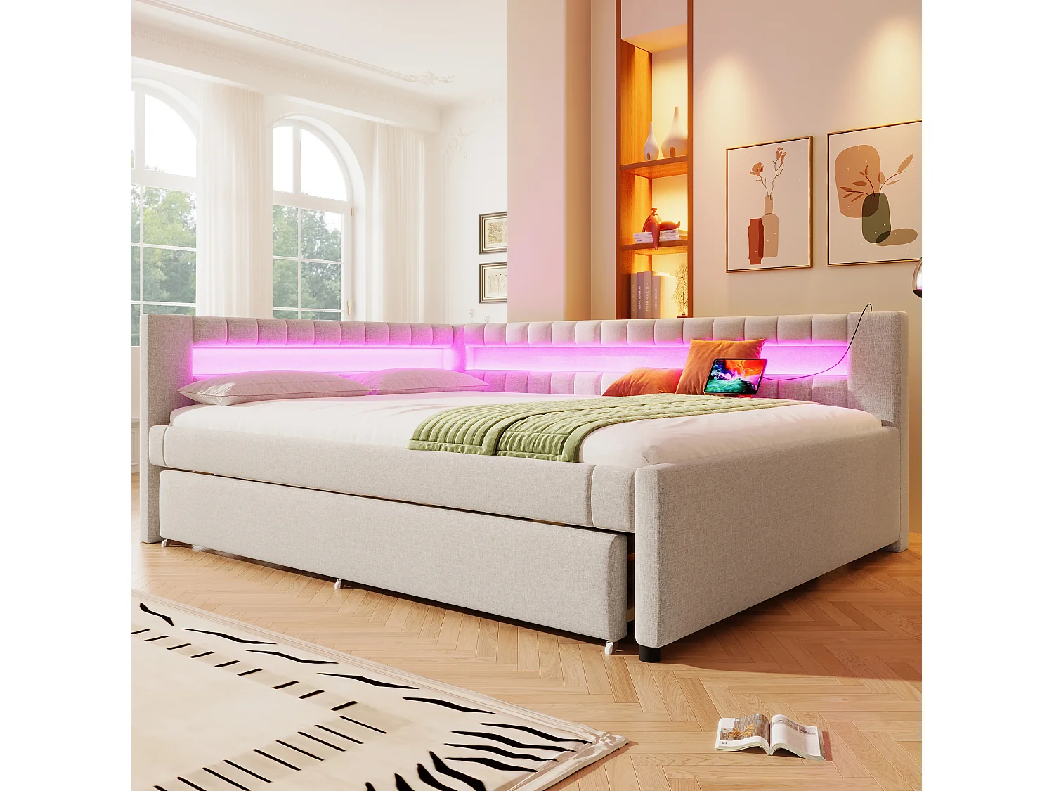 Canapé-lit 140x200 cm - avec éclairage LED - avec lit gigogne - avec USB + TYPE-C - lin - beige (matelas non inclus)