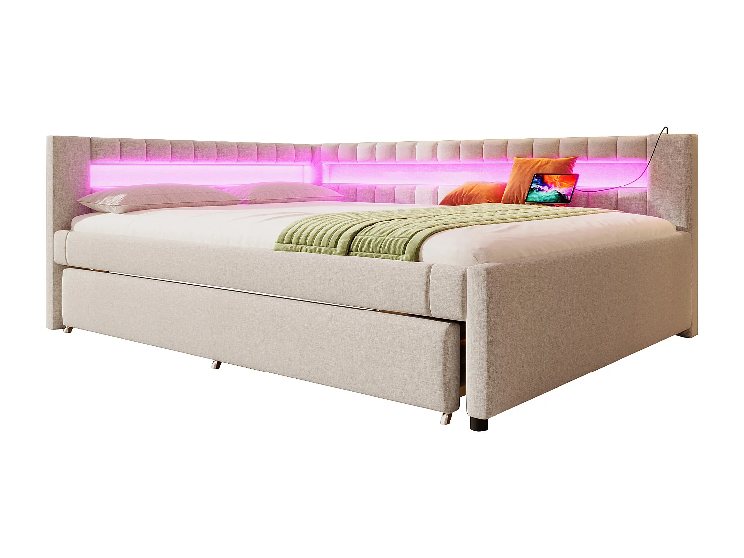 Canapé-lit 140x200 cm - avec éclairage LED - avec lit gigogne - avec USB + TYPE-C - lin - beige (matelas non inclus)
