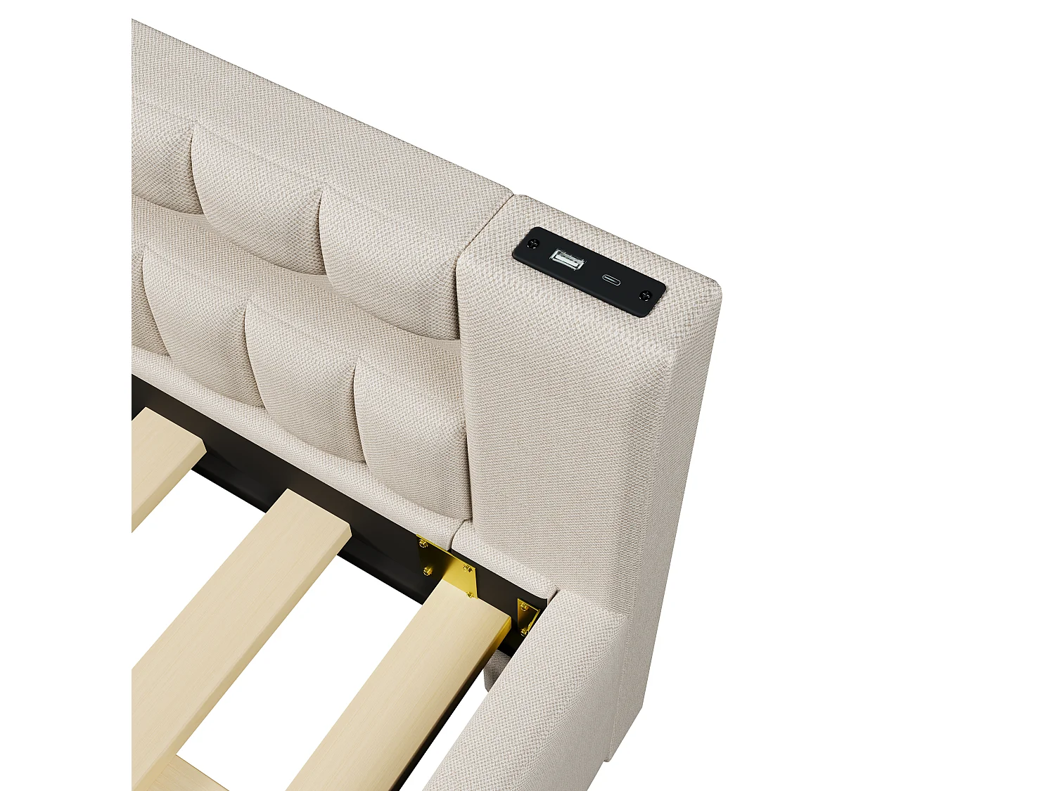 Canapé-lit 140x200 cm - avec éclairage LED - avec lit gigogne - avec USB + TYPE-C - lin - beige (matelas non inclus)