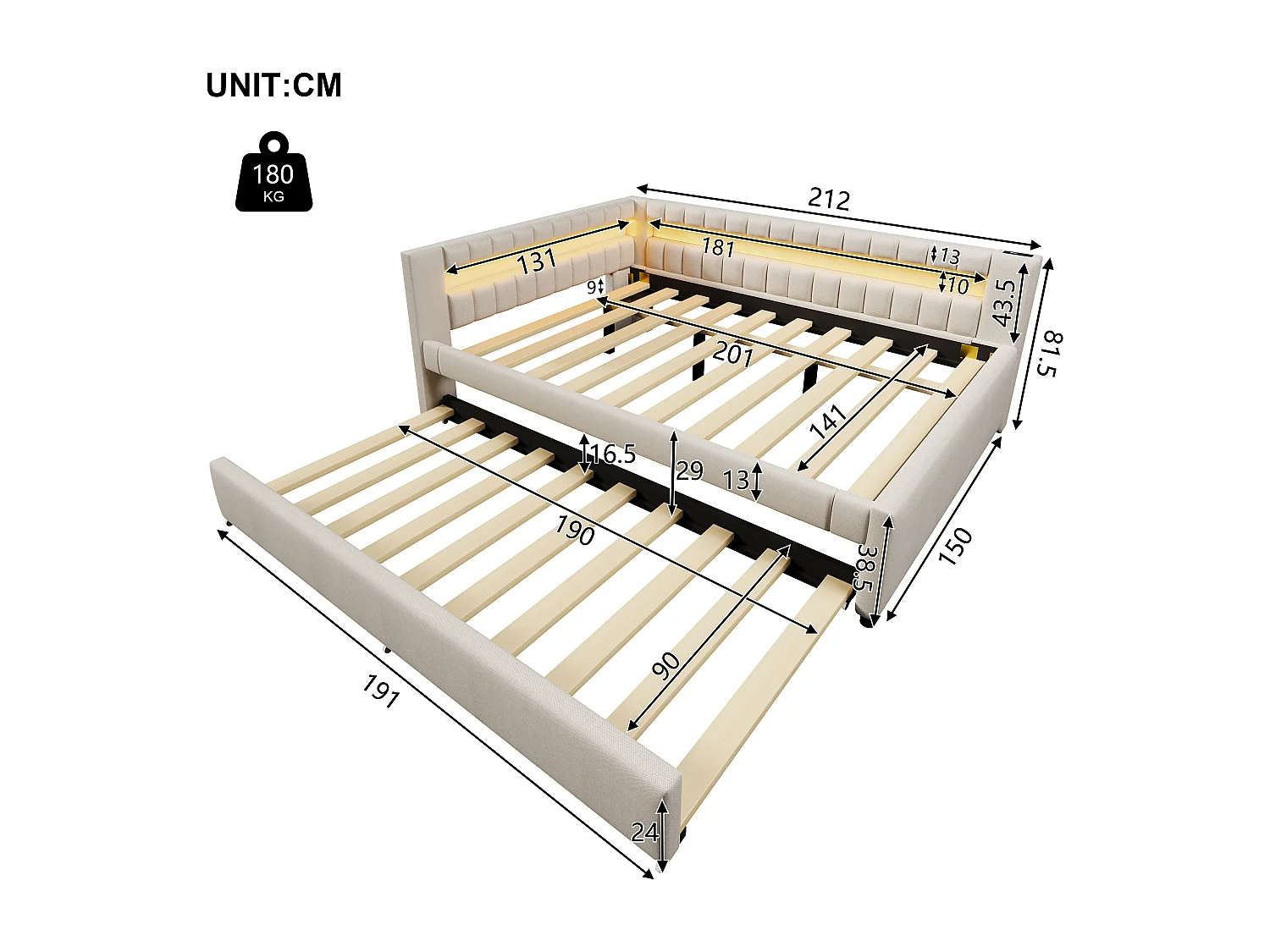 Canapé-lit 140x200 cm - avec éclairage LED - avec lit gigogne - avec USB + TYPE-C - lin - beige (matelas non inclus)