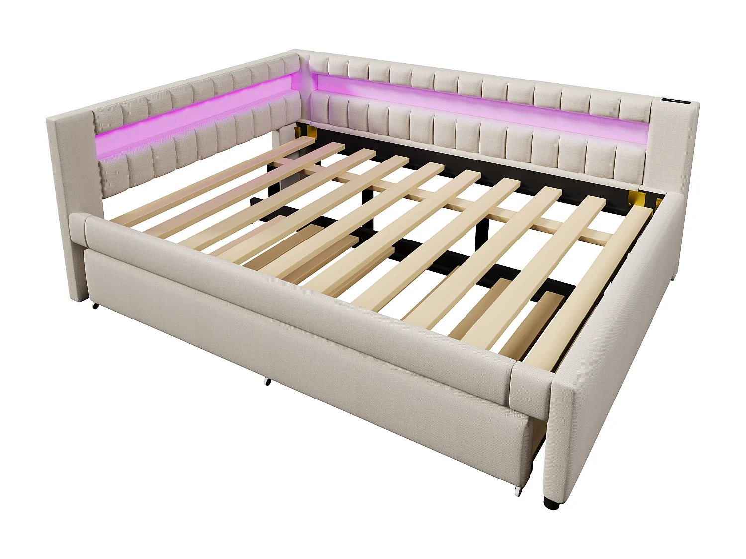 Canapé-lit 140x200 cm - avec éclairage LED - avec lit gigogne - avec USB + TYPE-C - lin - beige (matelas non inclus)