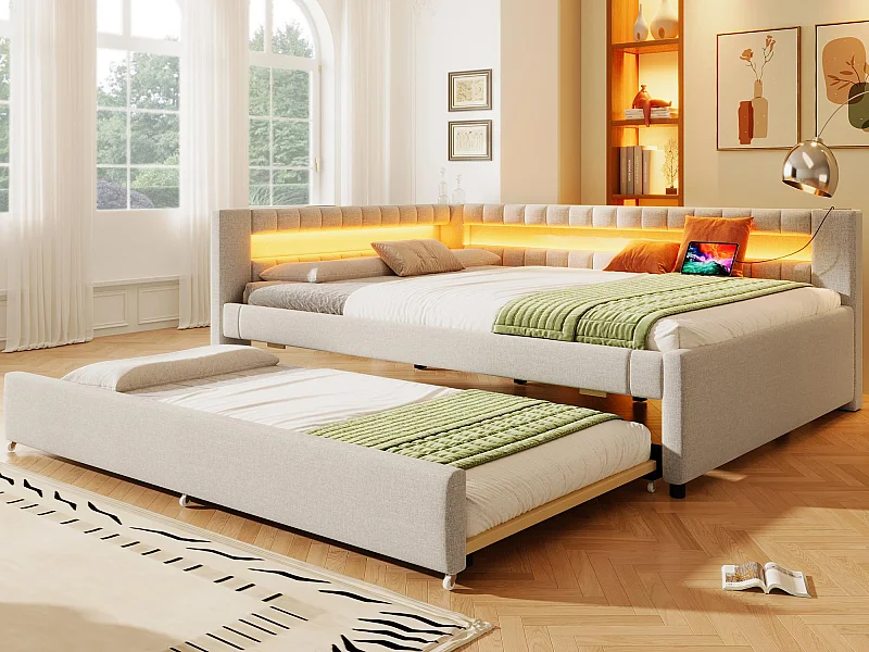 Divano letto 140x200 cm - con illuminazione LED - con letto estraibile - con porte USB + TYPE-C - lino - beige (materasso non incluso)